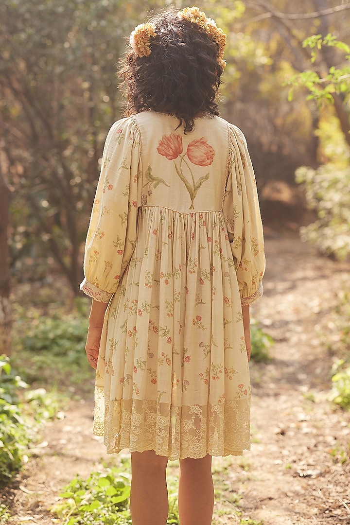 Ivory Malai Chanderi Floral Printed Mini Vacation Dress by Paulmi & Harsh at Pernia's Pop Up Shop