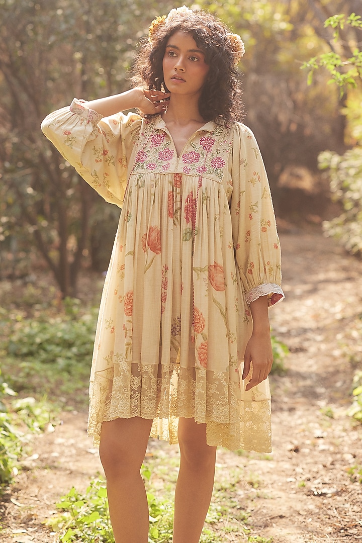 Ivory Malai Chanderi Floral Printed Mini Vacation Dress by Paulmi & Harsh at Pernia's Pop Up Shop