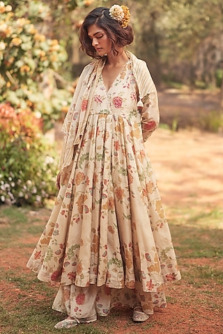 Ivory Malai Chanderi Floral Printed & Embroidered Angrakha Anarkali Set by Paulmi & Harsh