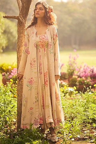 Dusty Rose Malai Chanderi Floral Printed Jacket Dress by Paulmi & Harsh