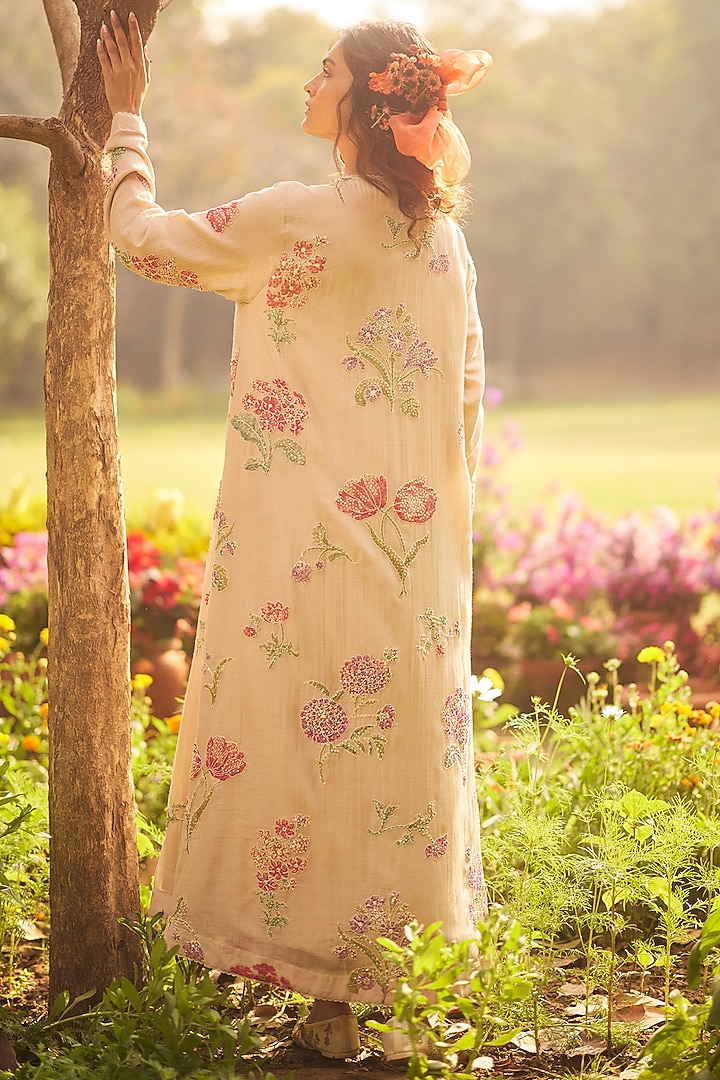Dusty Rose Malai Chanderi Floral Printed Jacket Cocktail Dress by Paulmi & Harsh at Pernia's Pop Up Shop