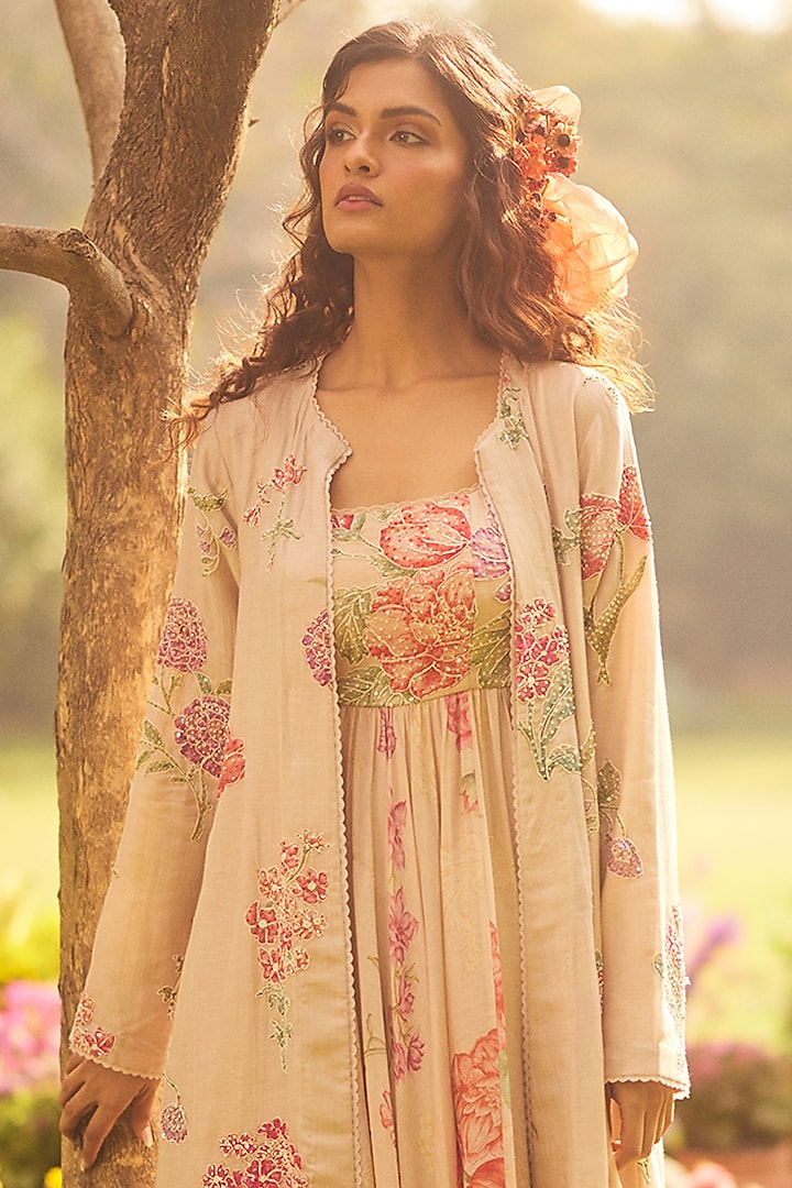 Dusty Rose Malai Chanderi Floral Printed Jacket Cocktail Dress by Paulmi & Harsh at Pernia's Pop Up Shop