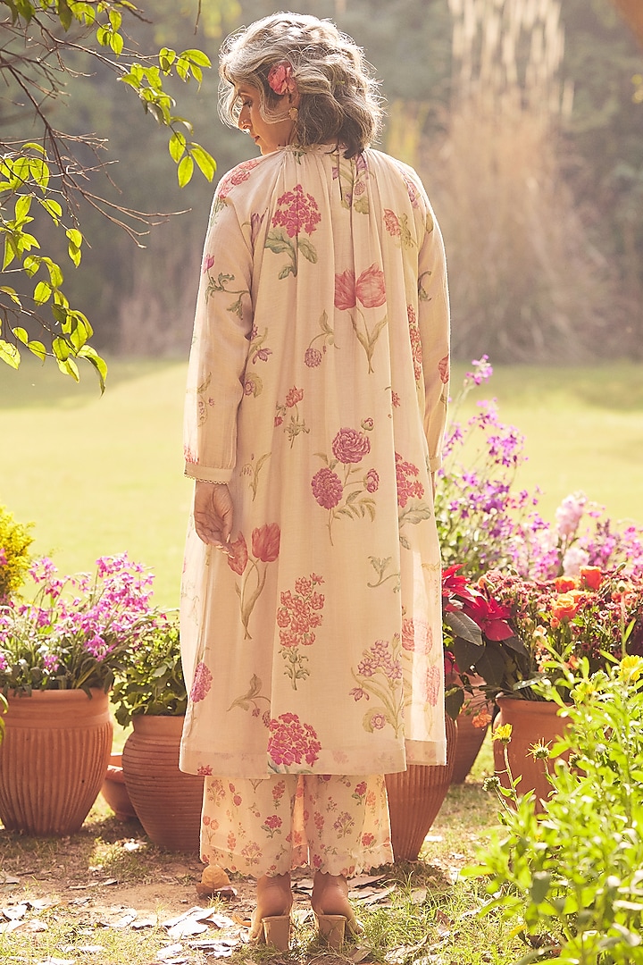 Dusty Rose Malai Chanderi Floral Printed Kurta Set by Paulmi & Harsh at Pernia's Pop Up Shop