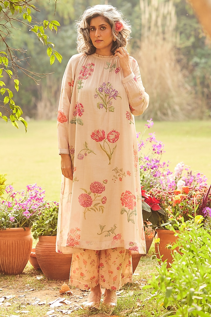 Dusty Rose Malai Chanderi Floral Printed Kurta Set by Paulmi & Harsh at Pernia's Pop Up Shop