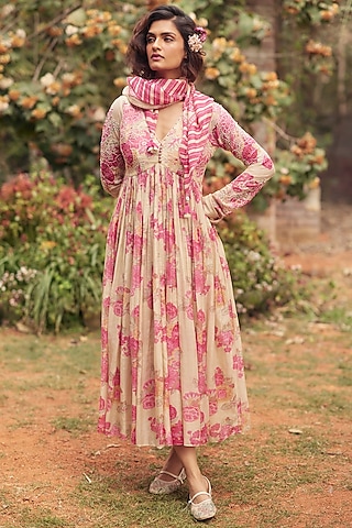 Pink & Ivory Malai Chanderi Printed Maxi Dress by Paulmi & Harsh