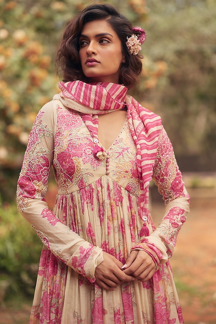 Pink & Ivory Malai Chanderi Printed Maxi Vacation Dress by Paulmi & Harsh at Pernia's Pop Up Shop