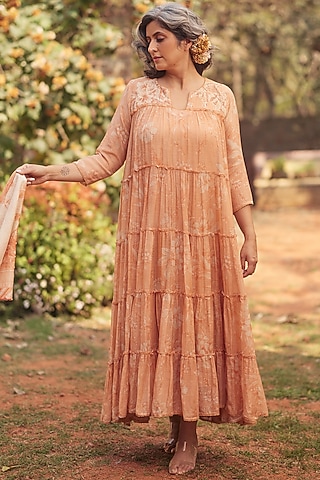 Apricot Malai Chanderi Printed Maxi Dress by Paulmi & Harsh