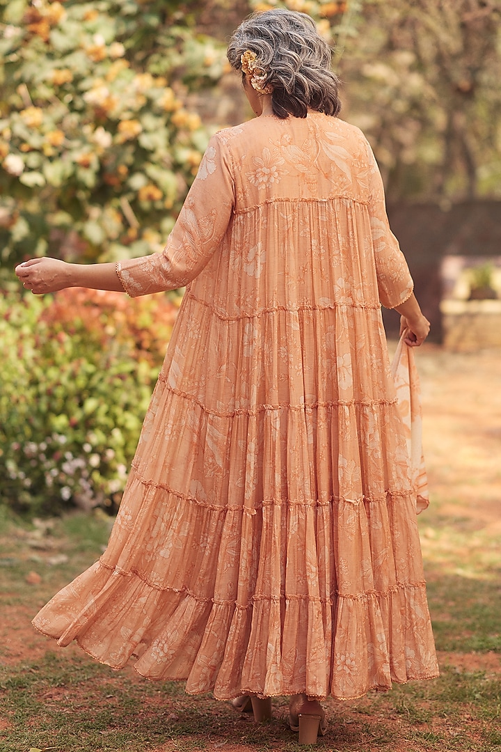 Apricot Malai Chanderi Printed Maxi Vacation Dress by Paulmi & Harsh at Pernia's Pop Up Shop