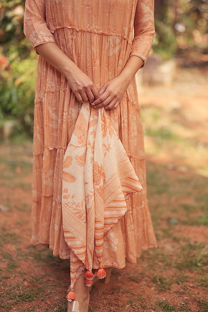 Apricot Malai Chanderi Printed Maxi Vacation Dress by Paulmi & Harsh at Pernia's Pop Up Shop
