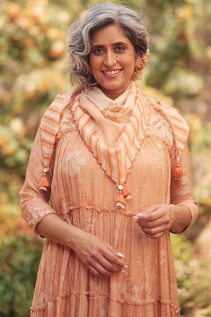 Apricot Malai Chanderi Printed Maxi Vacation Dress by Paulmi & Harsh at Pernia's Pop Up Shop
