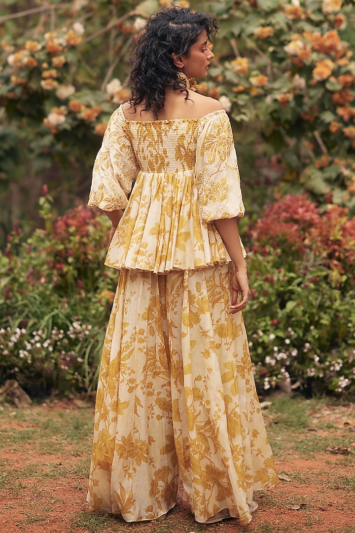Golden Yellow Malai Chanderi Printed Palazzo Pant Set by Paulmi & Harsh at Pernia's Pop Up Shop