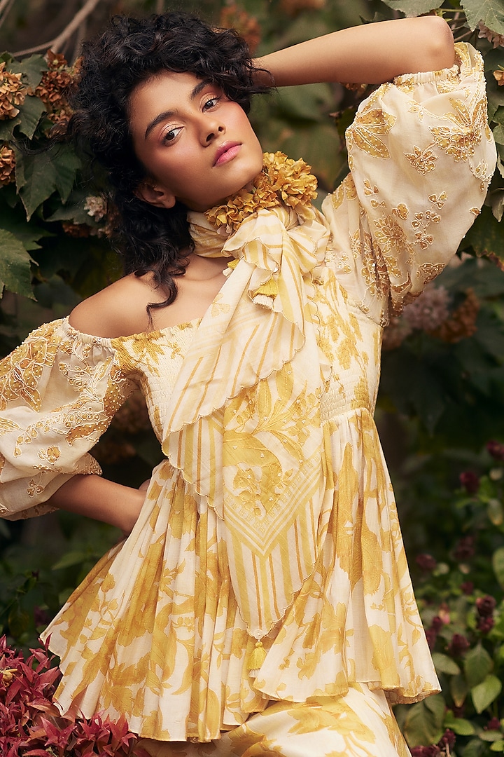 Golden Yellow Malai Chanderi Printed Palazzo Pant Set by Paulmi & Harsh at Pernia's Pop Up Shop