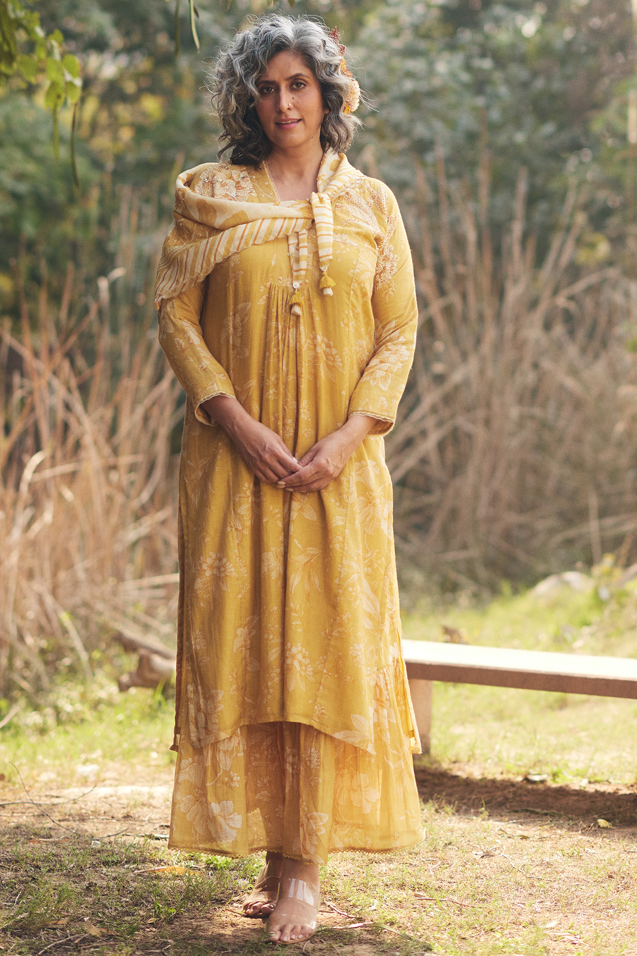 Golden Yellow Malai Chanderi Printed Kurta Set by Paulmi & Harsh at Pernia's Pop Up Shop
