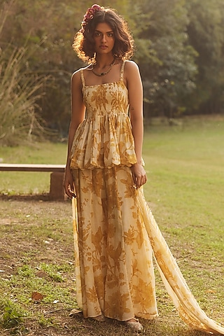 Golden Yellow Malai Chanderi Printed Palazzo Pant Set by Paulmi & Harsh