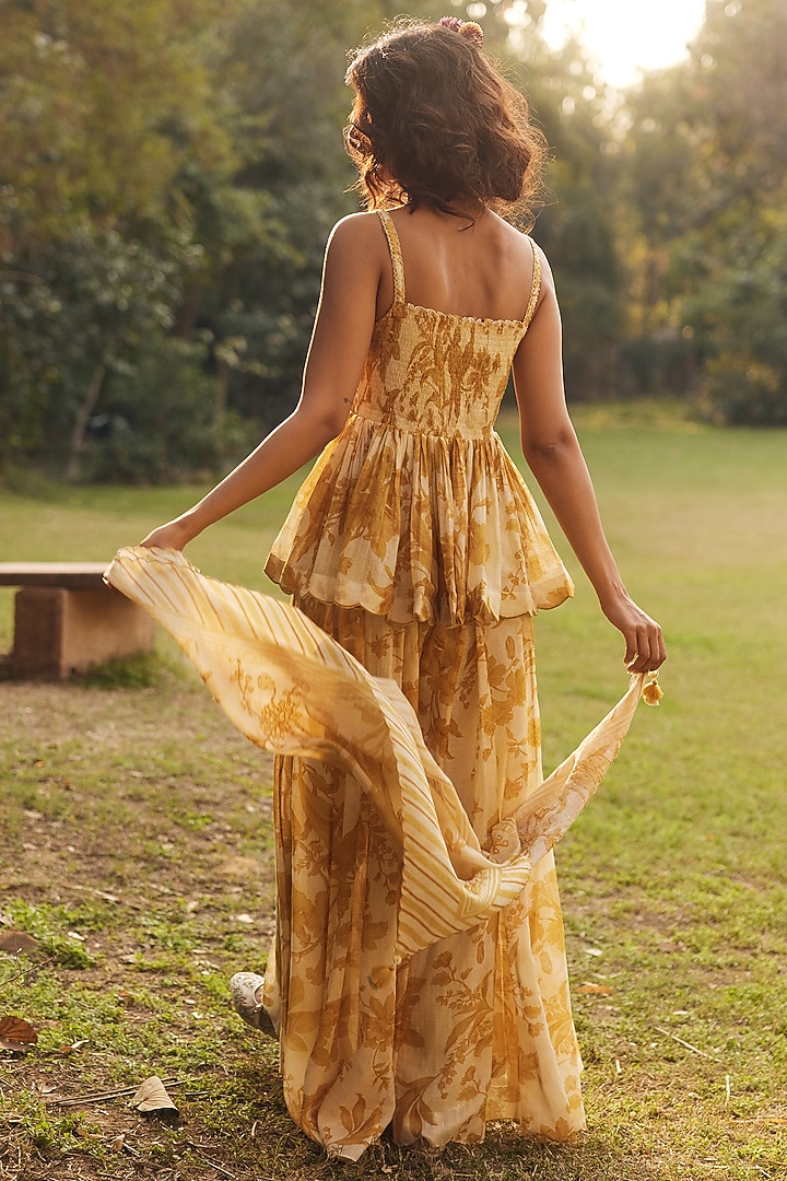 Golden Yellow Malai Chanderi Printed Palazzo Pant Set by Paulmi & Harsh at Pernia's Pop Up Shop