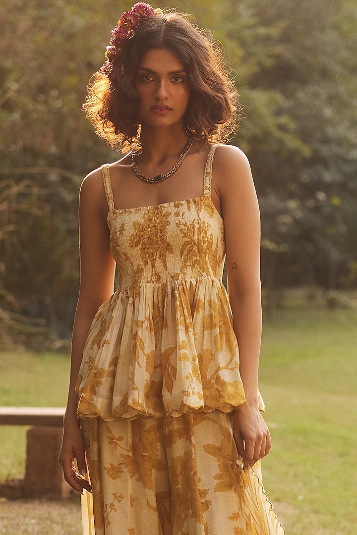 Golden Yellow Malai Chanderi Printed Palazzo Pant Set by Paulmi & Harsh at Pernia's Pop Up Shop