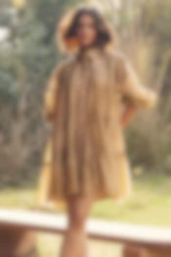 Beige Silk Organza Embroidered Mini Vacation Dress by Paulmi & Harsh at Pernia's Pop Up Shop