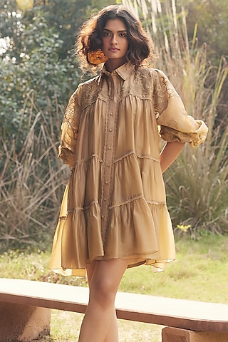 Beige Silk Organza Embroidered Mini Dress by Paulmi & Harsh