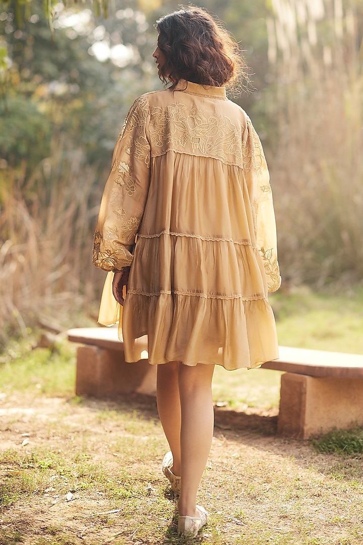 Beige Silk Organza Embroidered Mini Vacation Dress by Paulmi & Harsh at Pernia's Pop Up Shop