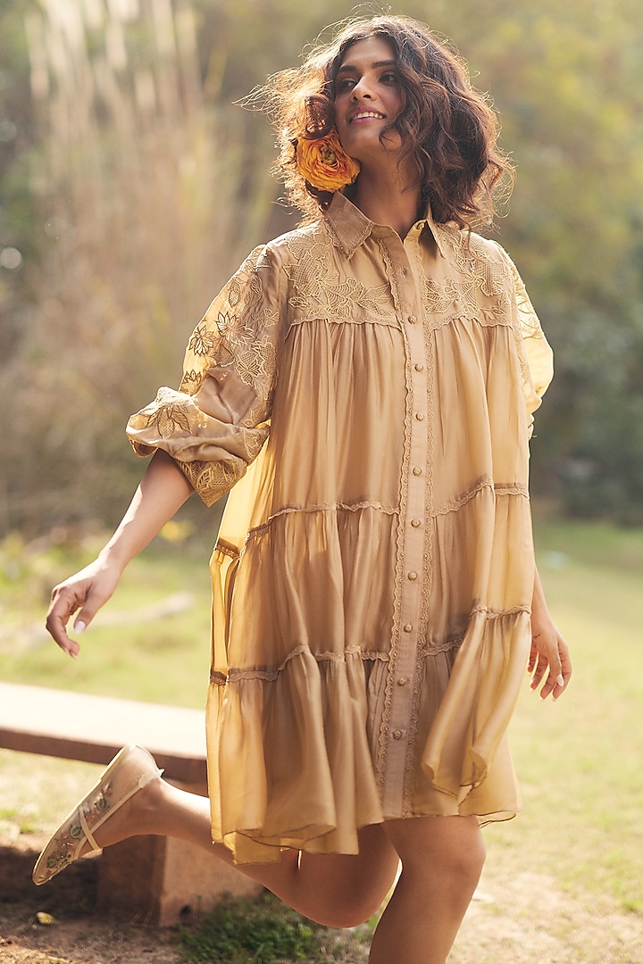Beige Silk Organza Embroidered Mini Vacation Dress by Paulmi & Harsh at Pernia's Pop Up Shop