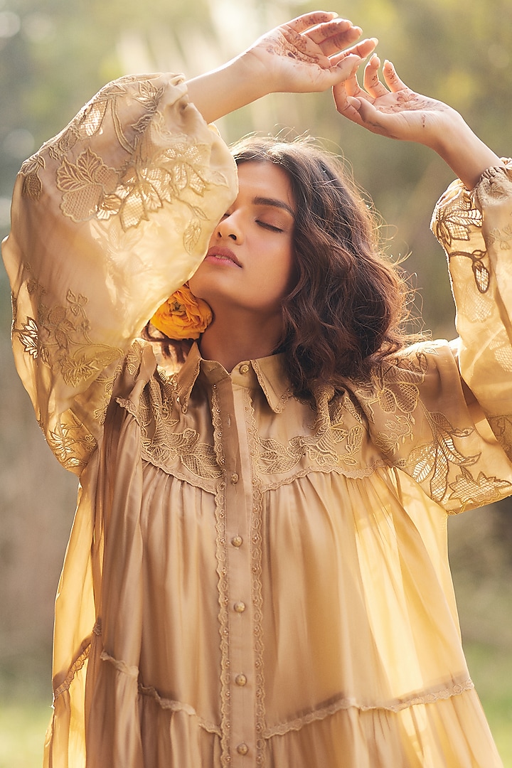 Beige Silk Organza Embroidered Mini Vacation Dress by Paulmi & Harsh at Pernia's Pop Up Shop