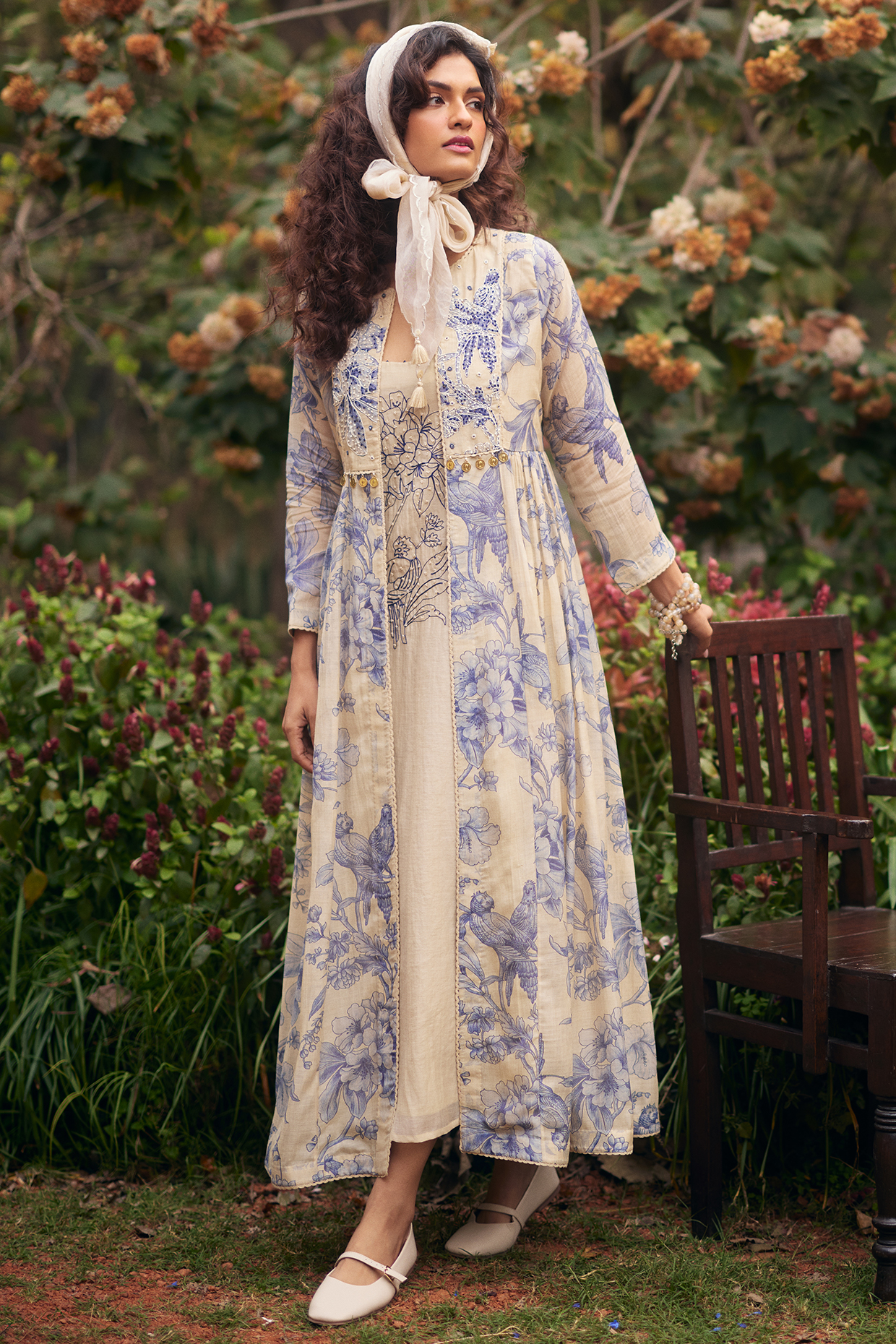 Royal Blue & Ivory Malai Chanderi Printed Jacket Vacation Dress by Paulmi & Harsh at Pernia's Pop Up Shop