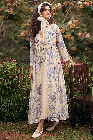 Royal Blue & Ivory Malai Chanderi Printed Jacket Dress by Paulmi & Harsh