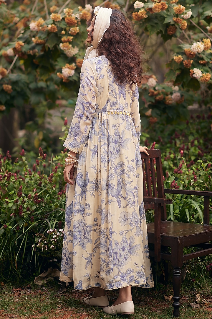 Royal Blue & Ivory Malai Chanderi Printed Jacket Vacation Dress by Paulmi & Harsh at Pernia's Pop Up Shop