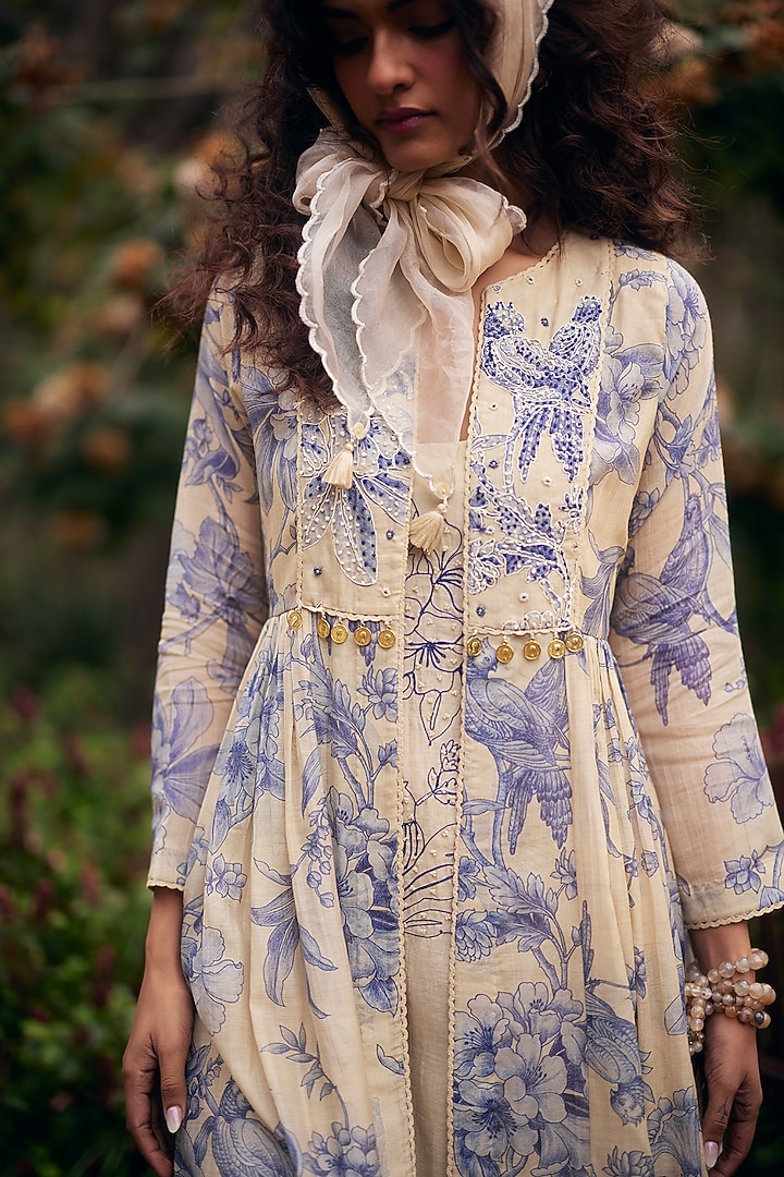 Royal Blue & Ivory Malai Chanderi Printed Jacket Vacation Dress by Paulmi & Harsh at Pernia's Pop Up Shop