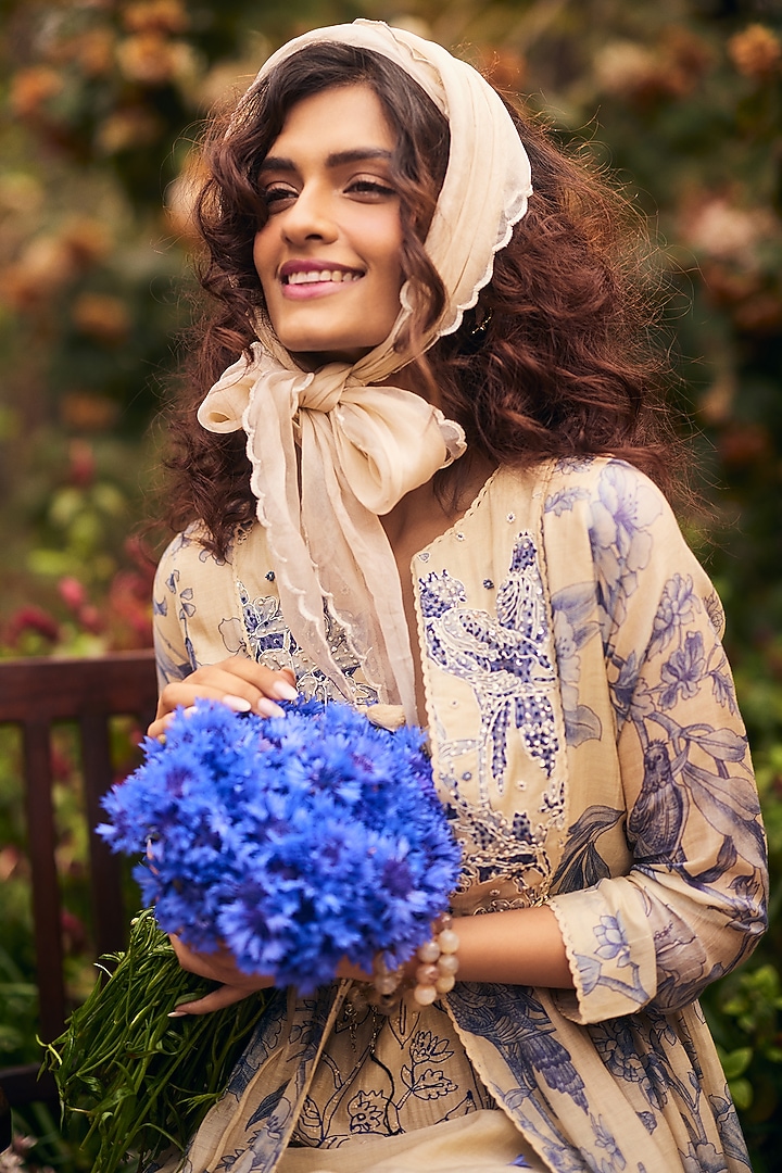 Royal Blue & Ivory Malai Chanderi Printed Jacket Vacation Dress by Paulmi & Harsh at Pernia's Pop Up Shop