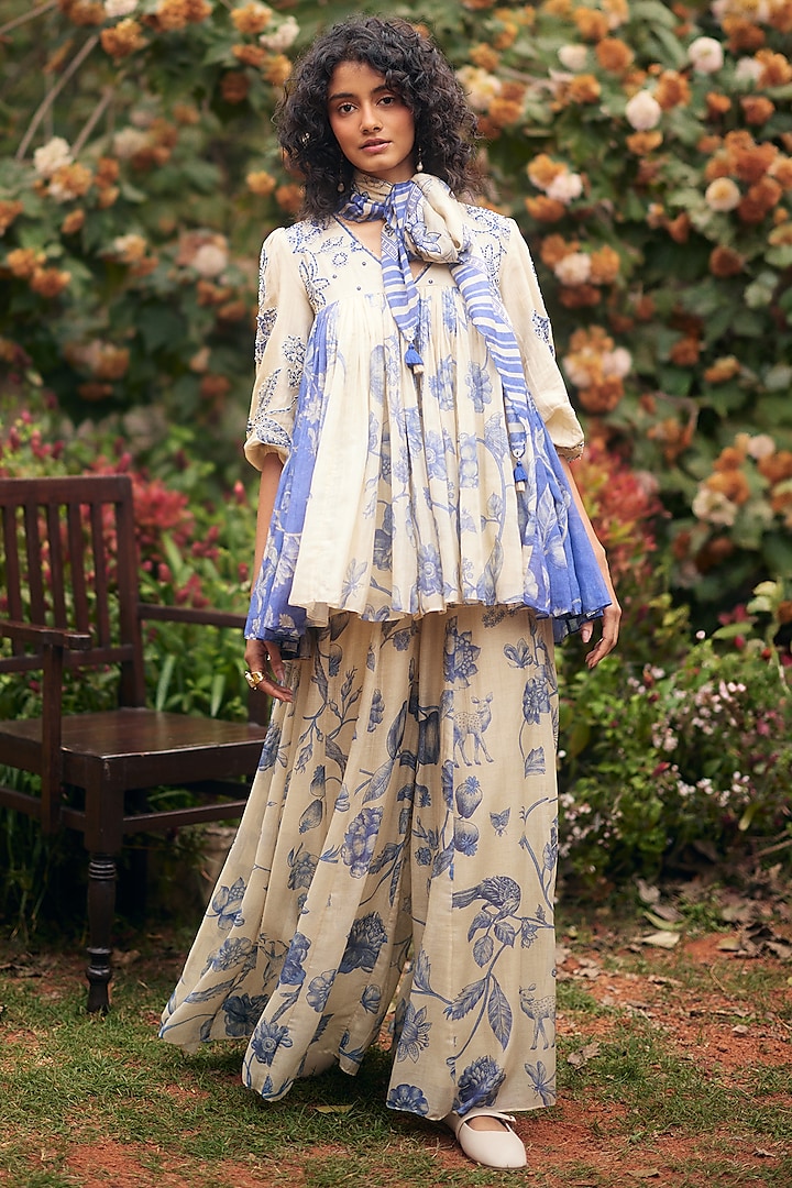 Royal Blue & Ivory Malai Chanderi Printed Palazzo Pant Set by Paulmi & Harsh at Pernia's Pop Up Shop