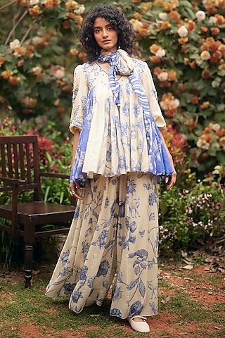 Royal Blue & Ivory Malai Chanderi Printed Palazzo Pant Set by Paulmi & Harsh