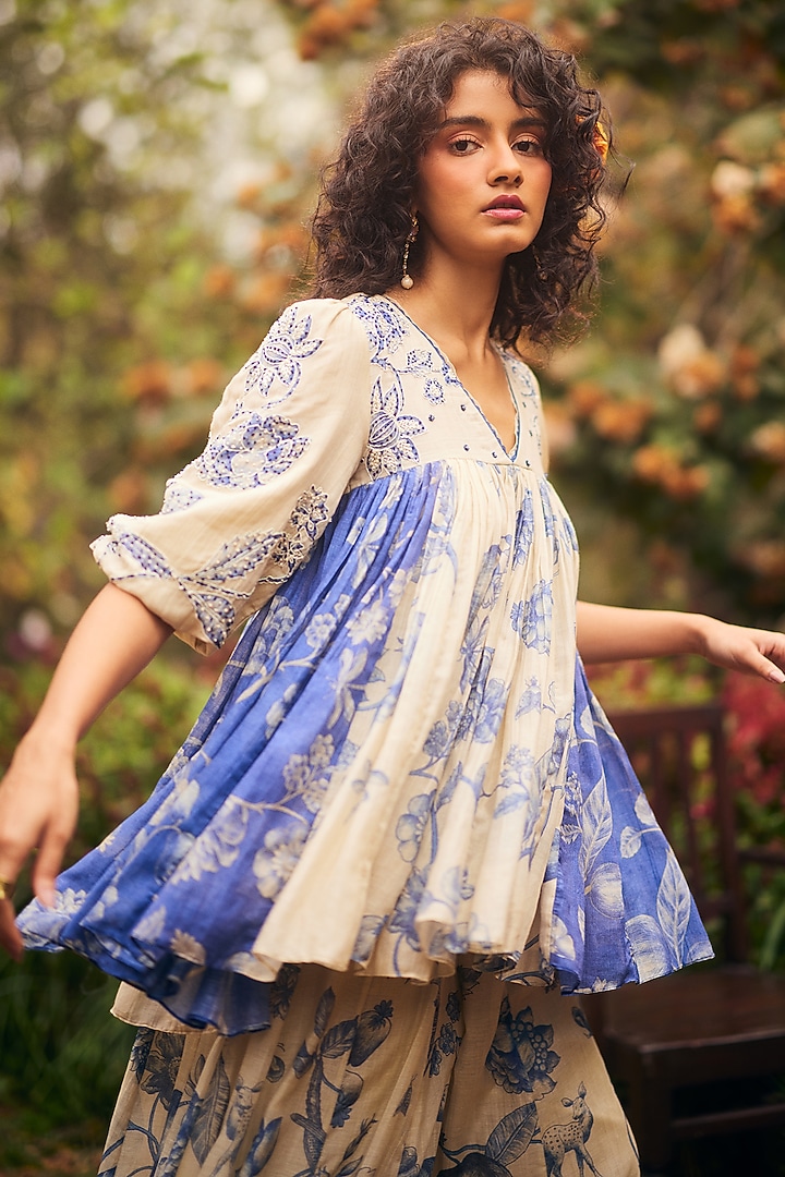 Royal Blue & Ivory Malai Chanderi Printed Palazzo Pant Set by Paulmi & Harsh at Pernia's Pop Up Shop