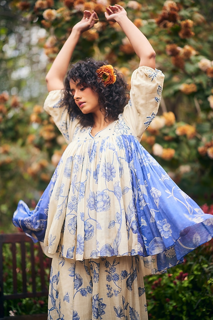 Royal Blue & Ivory Malai Chanderi Printed Palazzo Pant Set by Paulmi & Harsh at Pernia's Pop Up Shop