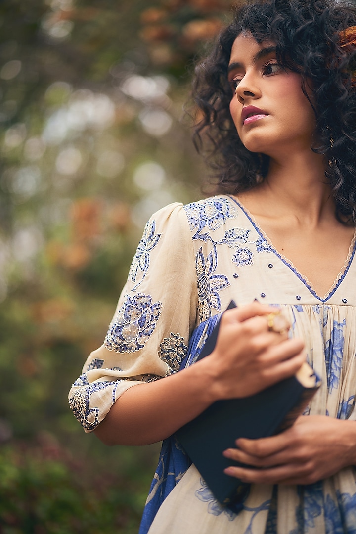 Royal Blue & Ivory Malai Chanderi Printed Palazzo Pant Set by Paulmi & Harsh at Pernia's Pop Up Shop