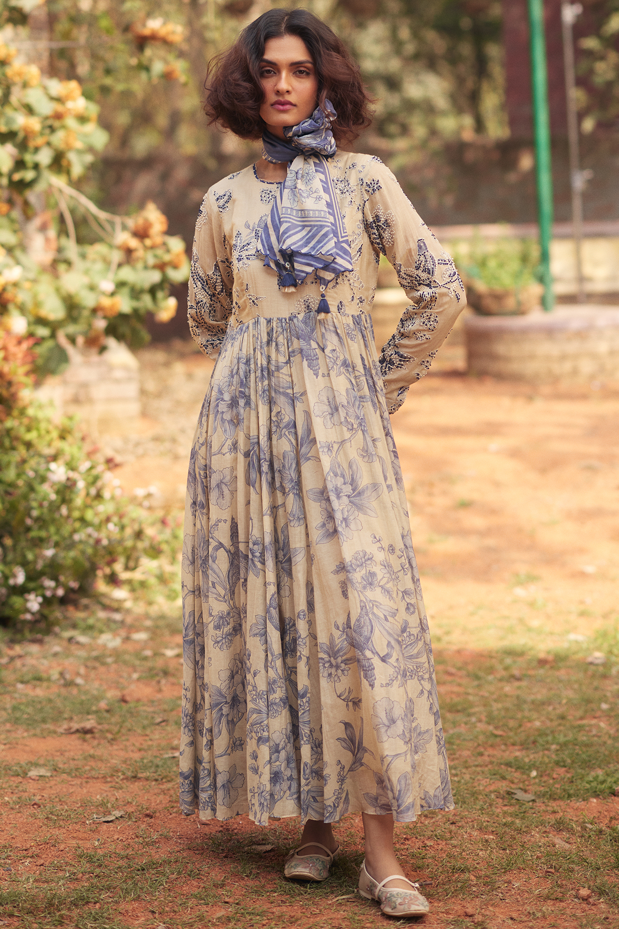 Royal Blue & Ivory Malai Chanderi Printed Maxi Vacation Dress by Paulmi & Harsh at Pernia's Pop Up Shop