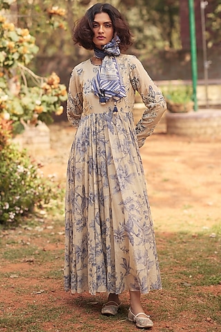 Royal Blue & Ivory Malai Chanderi Printed Maxi Dress by Paulmi & Harsh