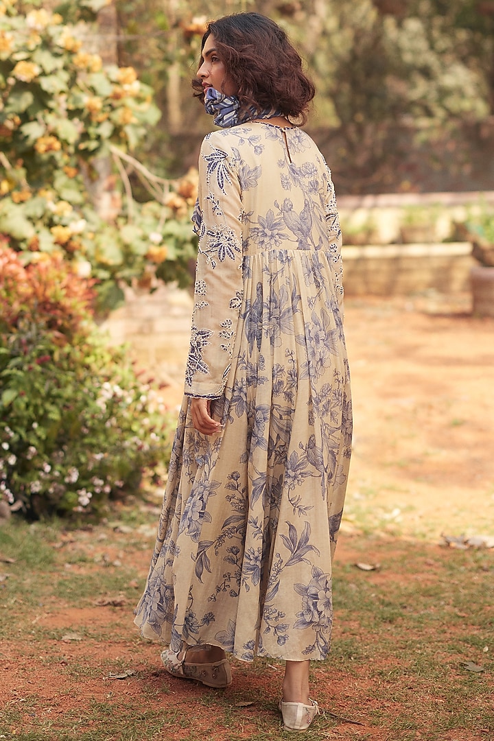 Royal Blue & Ivory Malai Chanderi Printed Maxi Vacation Dress by Paulmi & Harsh at Pernia's Pop Up Shop