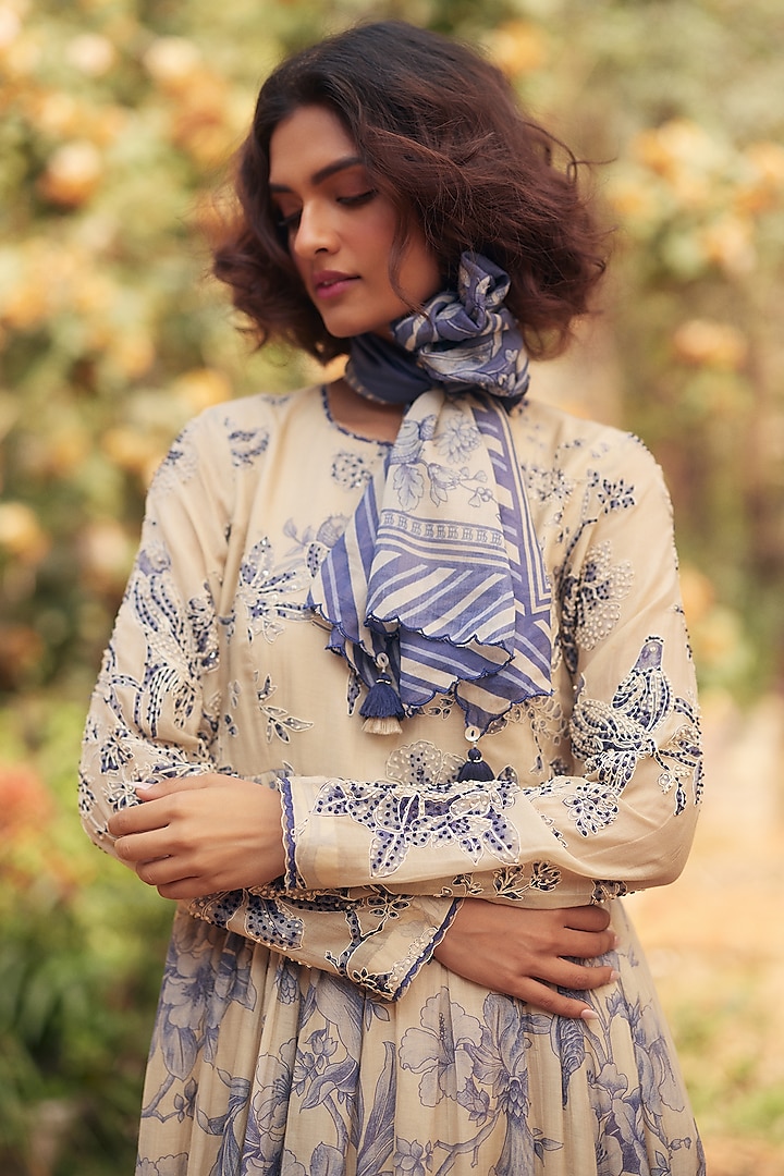 Royal Blue & Ivory Malai Chanderi Printed Maxi Vacation Dress by Paulmi & Harsh at Pernia's Pop Up Shop