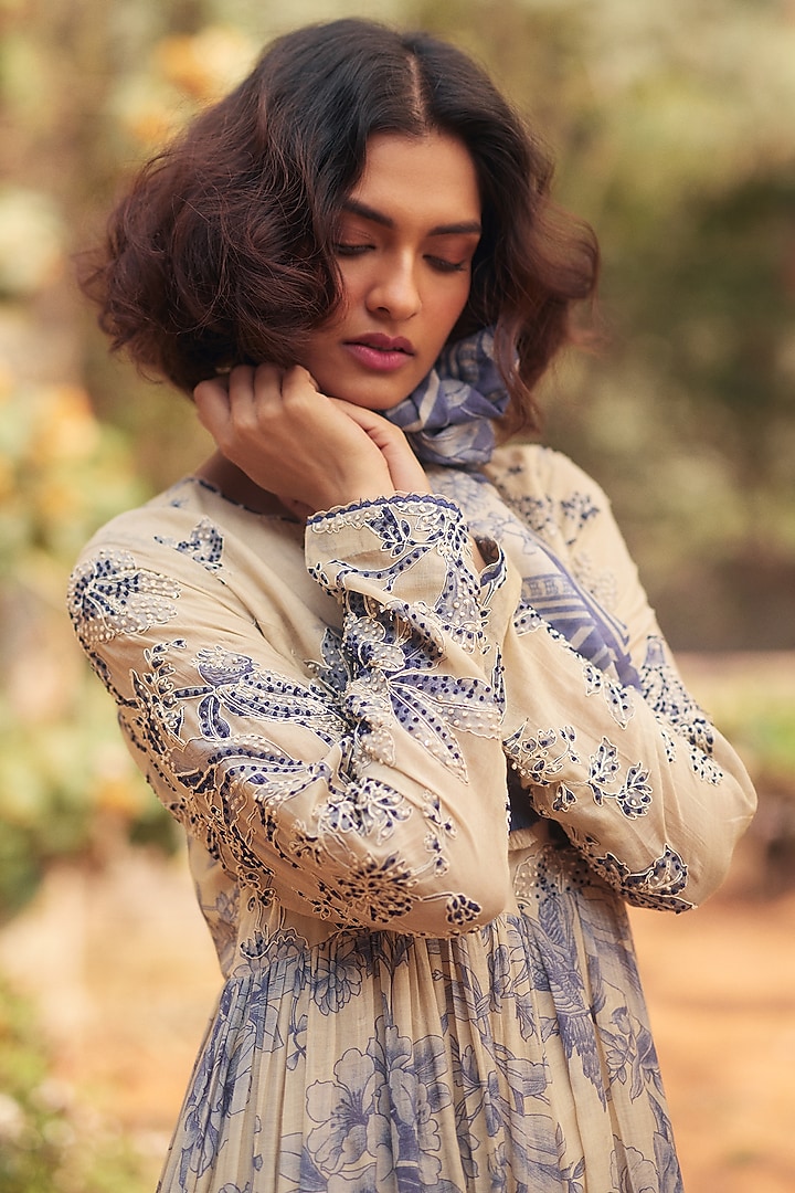 Royal Blue & Ivory Malai Chanderi Printed Maxi Vacation Dress by Paulmi & Harsh at Pernia's Pop Up Shop