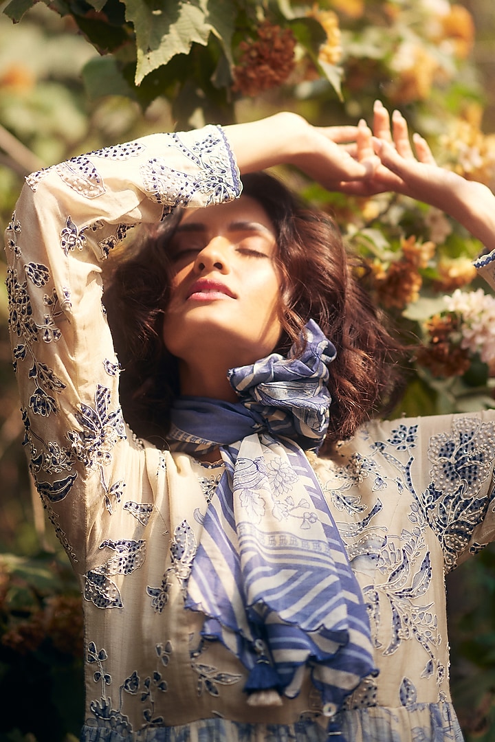 Royal Blue & Ivory Malai Chanderi Printed Maxi Vacation Dress by Paulmi & Harsh at Pernia's Pop Up Shop
