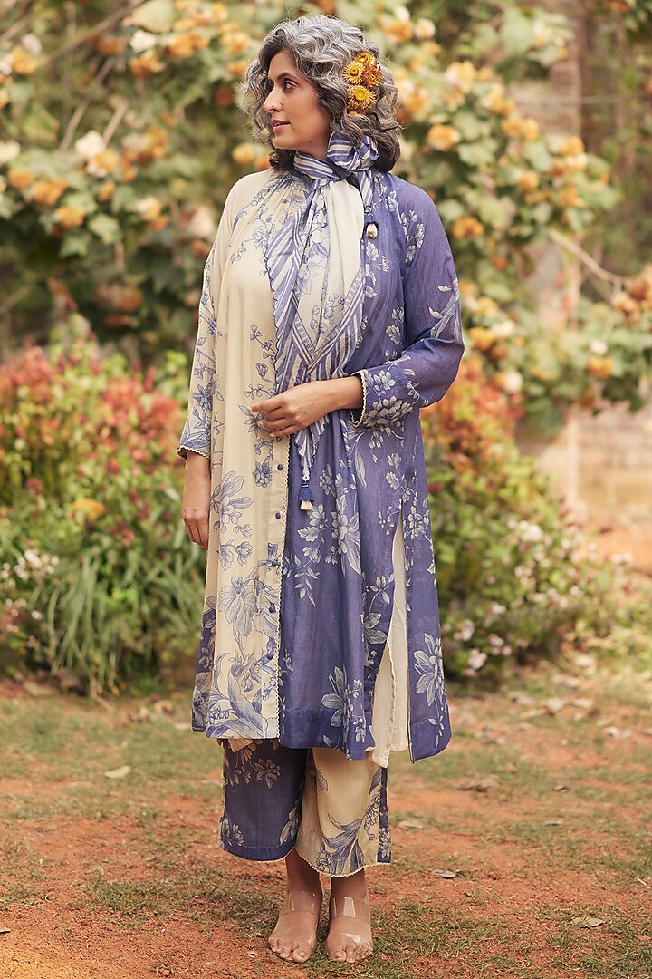 Royal Blue & Ivory Malai Chanderi Printed Kurta Set by Paulmi & Harsh at Pernia's Pop Up Shop