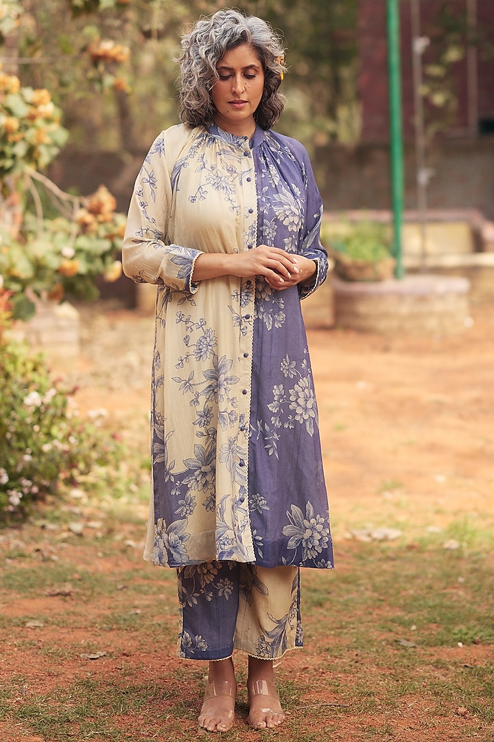 Royal Blue & Ivory Malai Chanderi Printed Kurta Set by Paulmi & Harsh at Pernia's Pop Up Shop