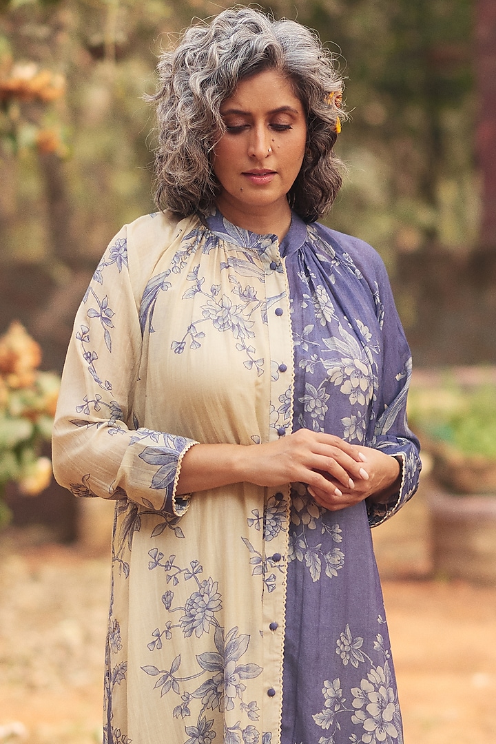 Royal Blue & Ivory Malai Chanderi Printed Kurta Set by Paulmi & Harsh at Pernia's Pop Up Shop