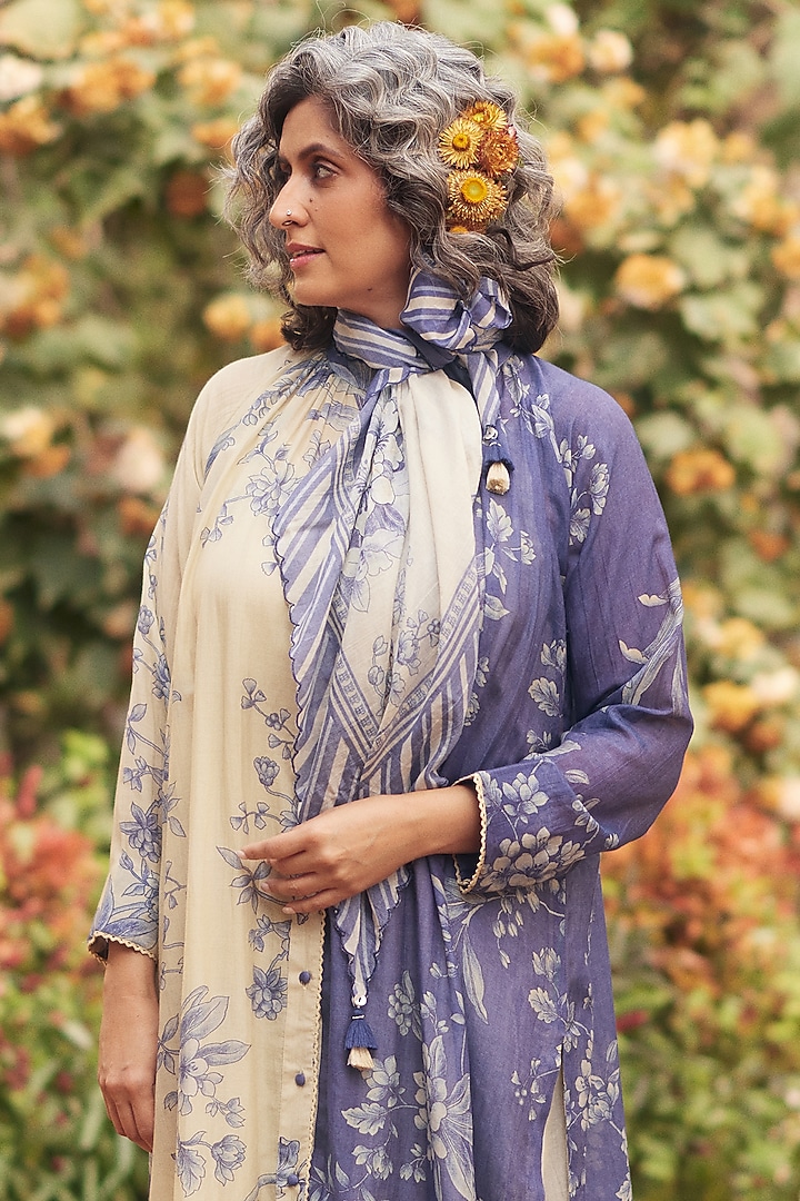 Royal Blue & Ivory Malai Chanderi Printed Kurta Set by Paulmi & Harsh at Pernia's Pop Up Shop