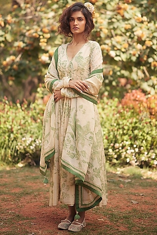 Pista Green & Ivory Malai Chanderi Printed Anarkali Set by Paulmi & Harsh