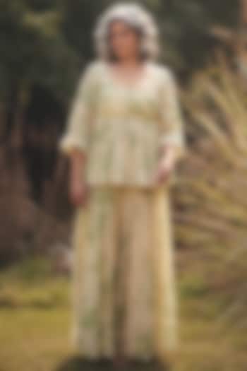 Pista Green & Ivory Malai Chanderi Printed Palazzo Set by Paulmi & Harsh at Pernia's Pop Up Shop