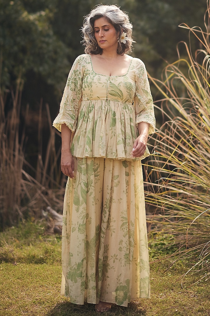 Pista Green & Ivory Malai Chanderi Printed Palazzo Set by Paulmi & Harsh at Pernia's Pop Up Shop