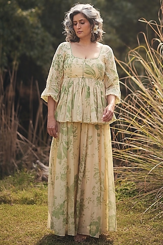 Pista Green & Ivory Malai Chanderi Printed Palazzo Set by Paulmi & Harsh