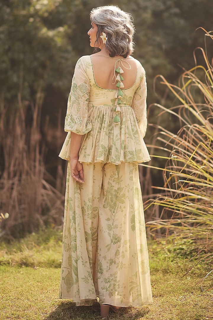 Pista Green & Ivory Malai Chanderi Printed Palazzo Set by Paulmi & Harsh at Pernia's Pop Up Shop